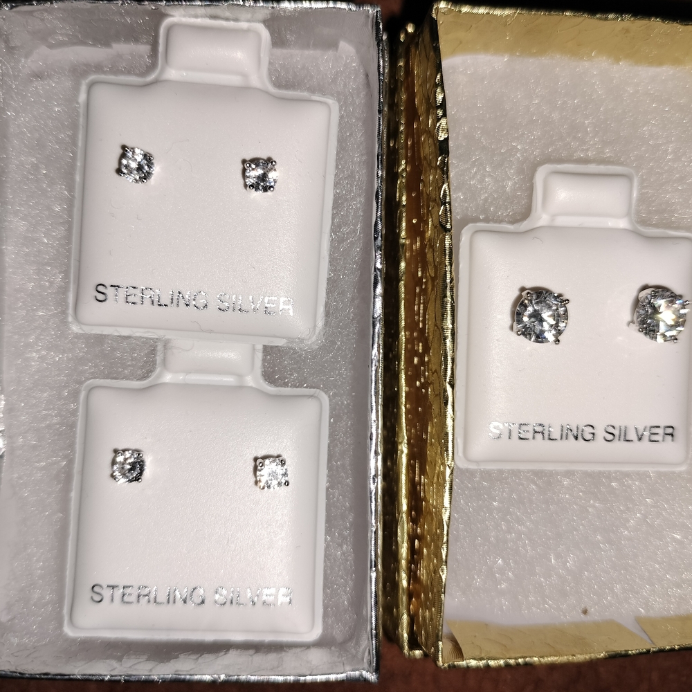 2- 3mm & 1- 5mm CZ Earrings In  .925 Setting.  Studs.